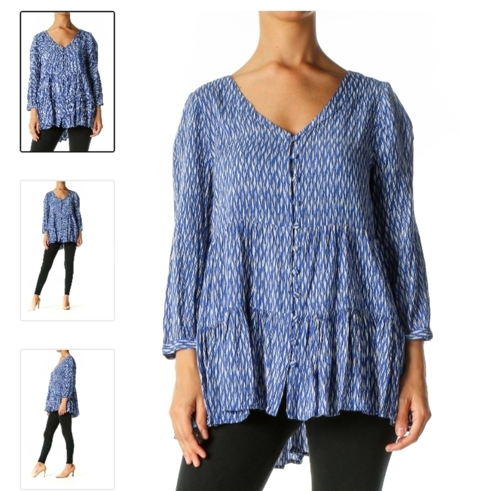 Maeve Blue Ikat Print V-Neck Tiered Tunic